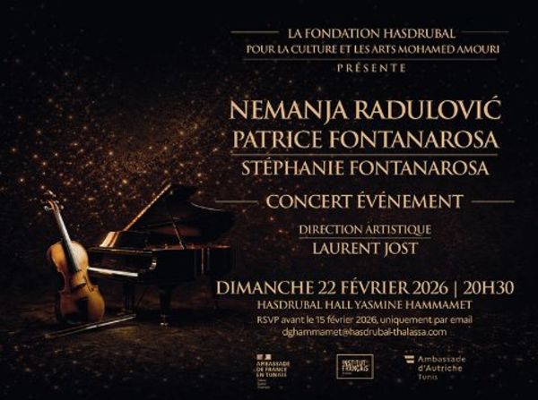 Nemanja Radulovic, Patrice Fontanarosa et Stéphanie Fontanarosa en concert à l’Hasdrubal Hall Yasmine Hammamet