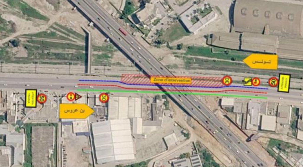 Entrée sud de Tunis : circulation réduite à une voie sous le pont Saint-Gobain vers Ben Arous